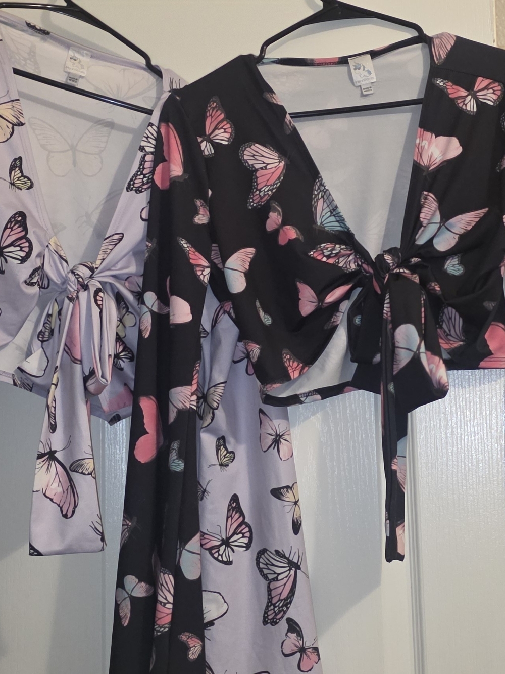 Butterfly Print Tie-Front Crop Top - Black & Lavender Sold As Bundle